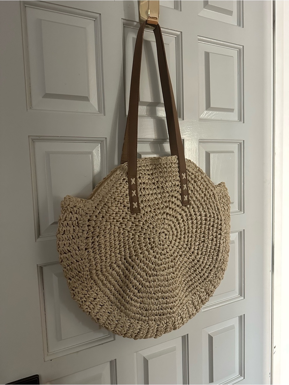 Beige Woven Round Tote with Brown Handles